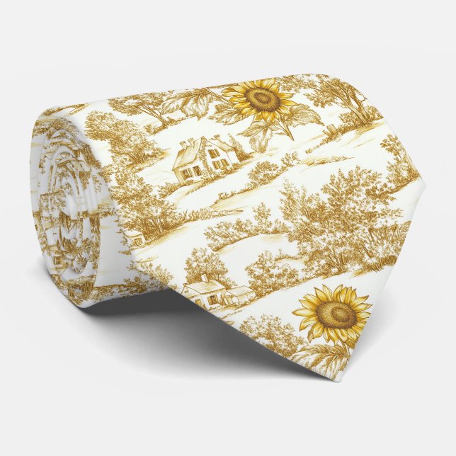 Vintage Gold Sunflower Botanical Toile Pattern Tie (Rolled)