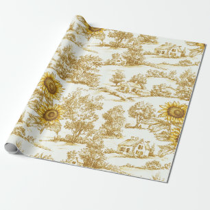 Vintage Gold Sunflower Botanical Toile Pattern Wrapping Paper