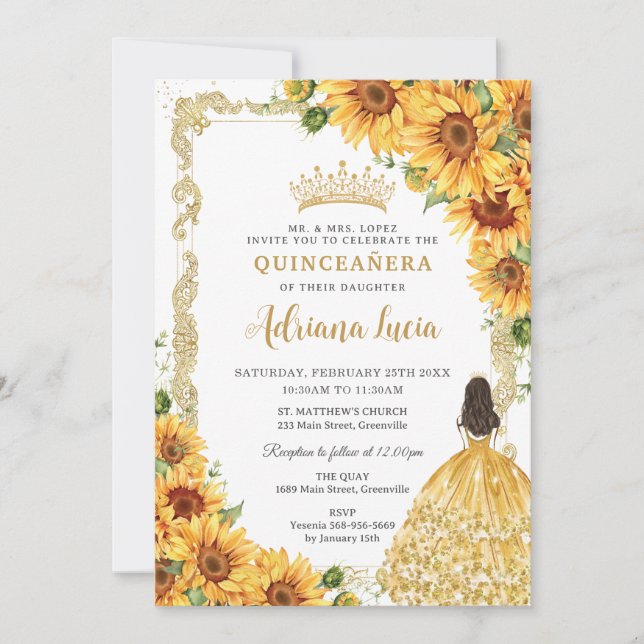 Vintage Gold Sunflower Floral Princess Quinceañera Invitation (Front)