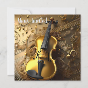 Vintage Gold Violin On Gold Musical Cords, Invitation