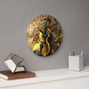 Vintage Gold Violin On Gold Musical Cords, Large Clock