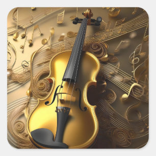 Vintage Gold Violin On Gold Musical Cords, Square Sticker