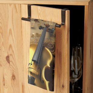 Vintage Gold Violin On Gold Musical Cords, Tea Towel