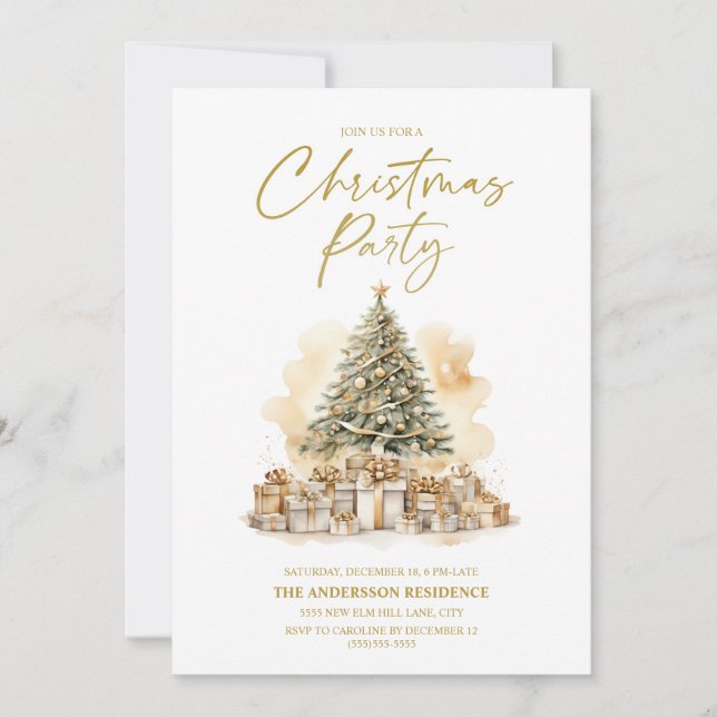 Vintage Gold White Christmas Tree Gifts Party Invitation (Front)
