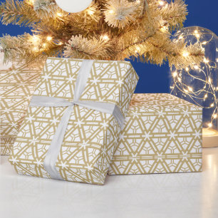 Vintage gold white snowflakes geometric pattern wrapping paper