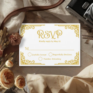Vintage Gold White Wedding  RSVP Card