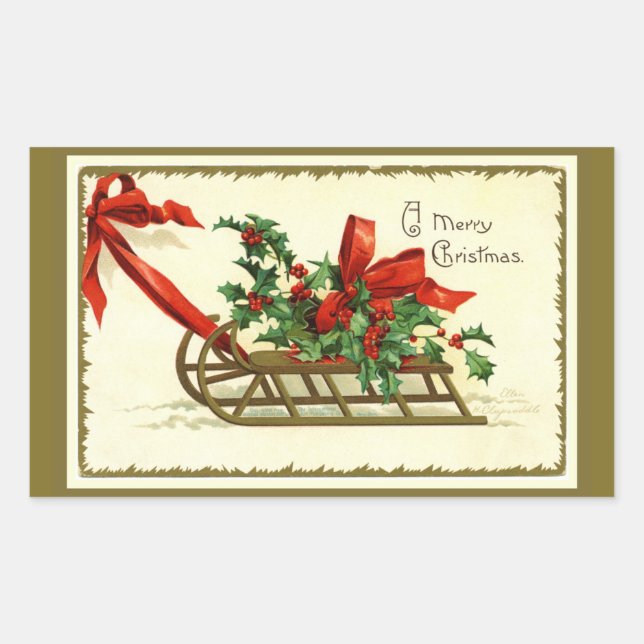 Vintage Golden Christmas Sleigh Rectangular Sticker (Front)