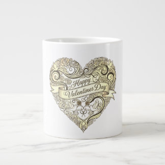 Vintage Golden Floral Heart Valentine's Day Large Coffee Mug