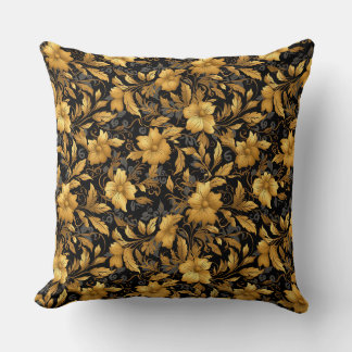 Vintage Golden Floral Throw Pillow – Elegant Black