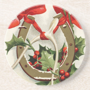 Vintage Golden Horseshoe Wishbone Christmas Coaster
