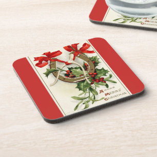 Vintage Golden Horseshoe Wishbone Red Christmas Coaster