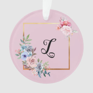 Vintage Golden Multicolored Flowers Monogram Text Ornament
