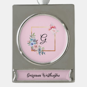 Vintage Golden Multicolored Flowers Monogram Text Silver Plated Banner Ornament