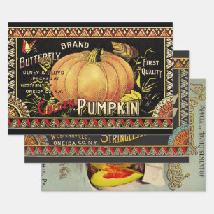 Vintage Golden Pumpkin Crate Label: Antique Fall Wrapping Paper Sheet