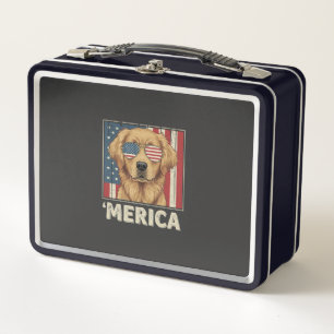 Vintage Golden Retriever 'Merica Flag Metal Lunch Box