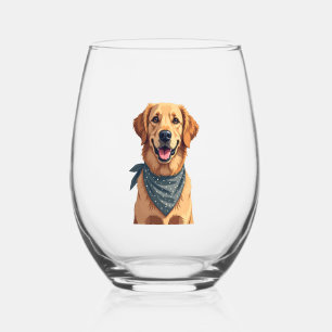 Vintage Golden Retriever Portrait with Colourful B Stemless Wine Glass