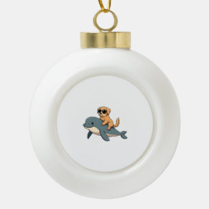 Vintage Golden Retriever Riding Beluga Whale Funny Ceramic Ball Christmas Ornament