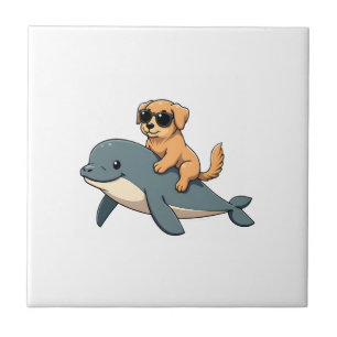 Vintage Golden Retriever Riding Beluga Whale Funny Ceramic Tile