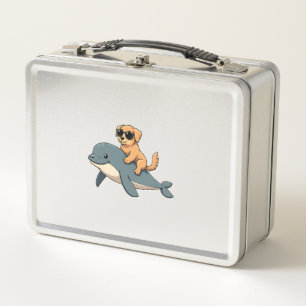Vintage Golden Retriever Riding Beluga Whale Funny Metal Lunch Box