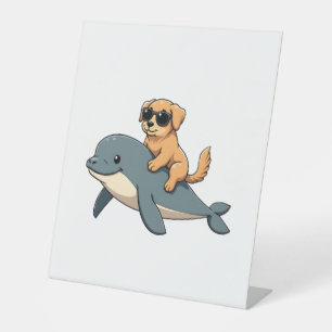 Vintage Golden Retriever Riding Beluga Whale Funny Pedestal Sign