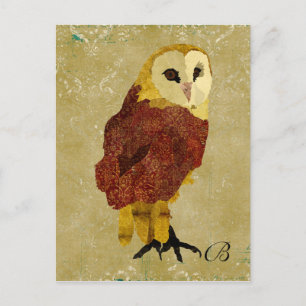 Vintage Golden Ruby Owl Monogram Postcard