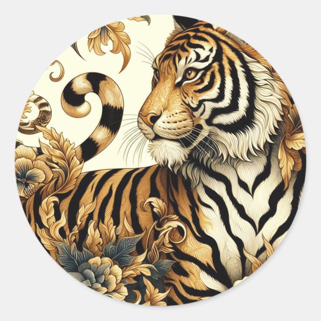 Vintage Golden Tiger Painting Classic Round Sticker (Front)