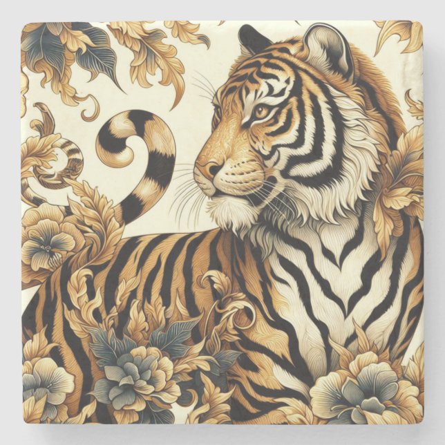 Vintage Golden Tiger Painting Stone Coaster (Front)