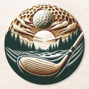 Vintage Golf Club and Ball Artwork Round Paper Coaster