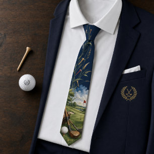 Vintage Golf Course & Clubs Navy Blue Men's Tie
