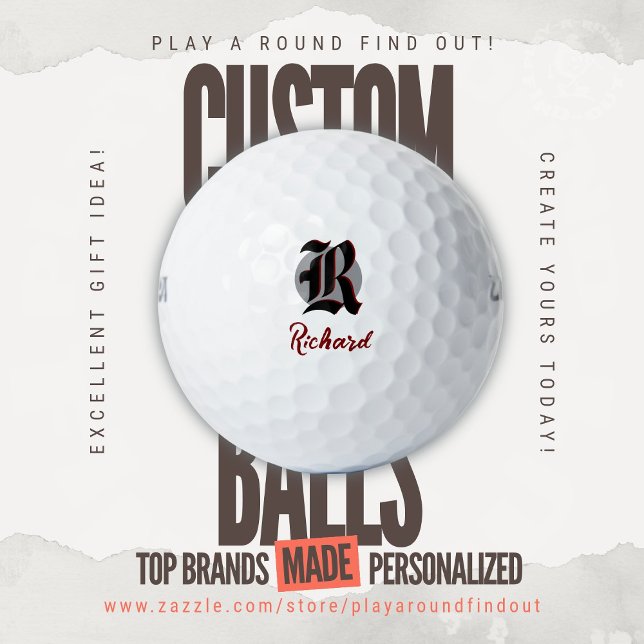 Vintage Golf Dad Monogram Old English Initials Balls (Custom Printed Brand Name Golf Balls By PlayARoundFindOut - Zazzle's premiere golf gift shop)