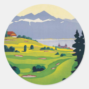 Vintage Golf Lausanne City Lake Switzerland Classic Round Sticker