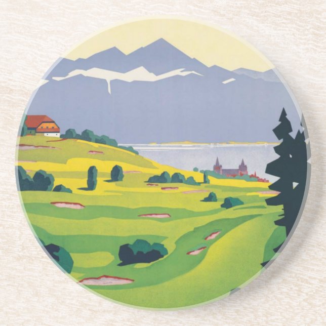 Vintage Golf Lausanne City Lake Switzerland Coaster (Front)