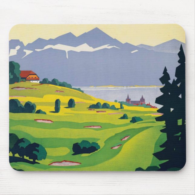 Vintage Golf Lausanne City Lake Switzerland Mouse Pad (Front)