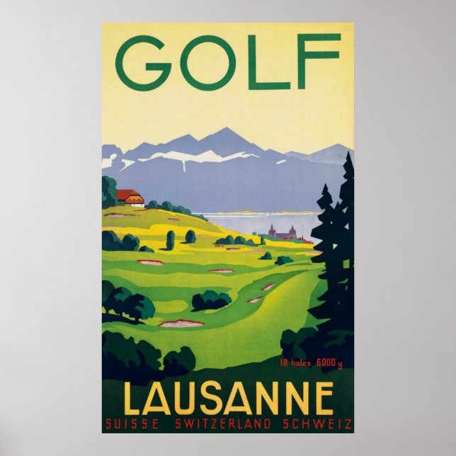 Vintage Golf Lausanne City Lake Switzerland Poster (Front)
