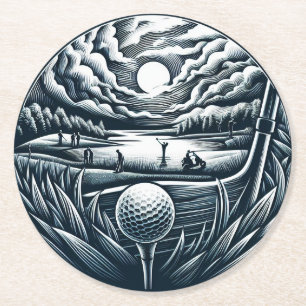 Vintage Golf Scene with Players and Cart Round Paper Coaster