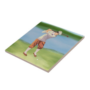 Vintage Golfer by the Riverbank Ceramic Tile