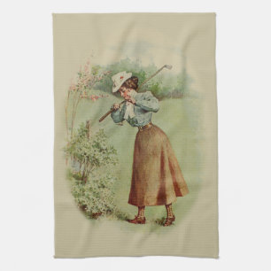 Vintage Golfing Lady Art Tea Towel