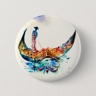 Vintage Gondola Venice City Travel Love Watercolor 6 Cm Round Badge