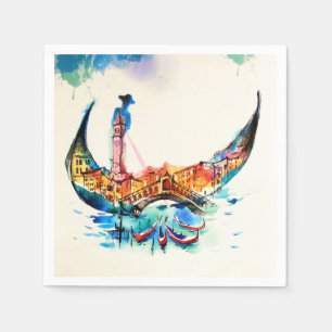 Vintage Gondola Venice City Travel Love Watercolor Napkin