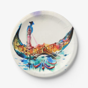 Vintage Gondola Venice City Travel Love Watercolor Paper Plate