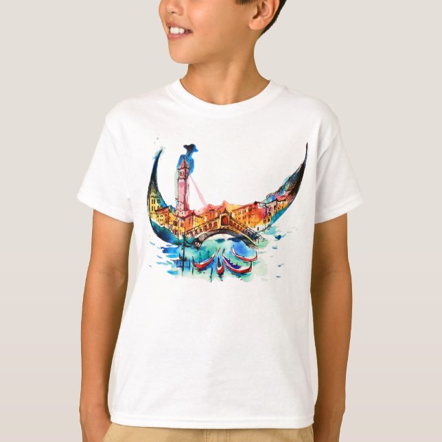 Vintage Gondola Venice City Travel Love Watercolor T-Shirt (Front)