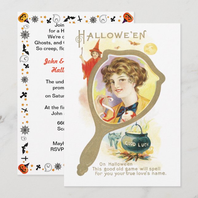Vintage Good Luck Mirror Halloween Invitation (Front/Back)