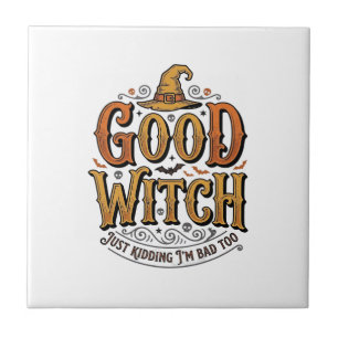 Vintage Good Witch Halloween Typography Design_1 Ceramic Tile