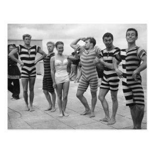Vintage goofy men in bathing suits with woman postcard