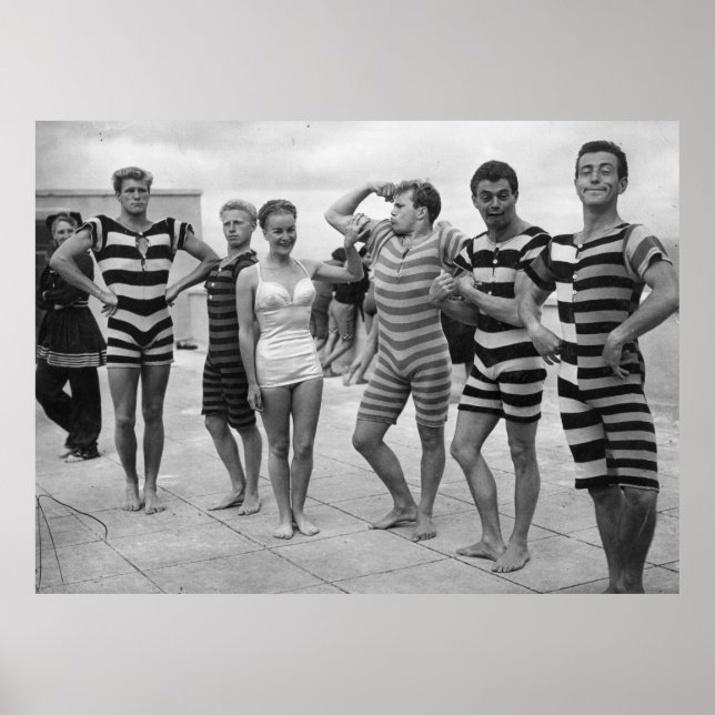 Vintage goofy men in bathing suits with woman poster (Front)