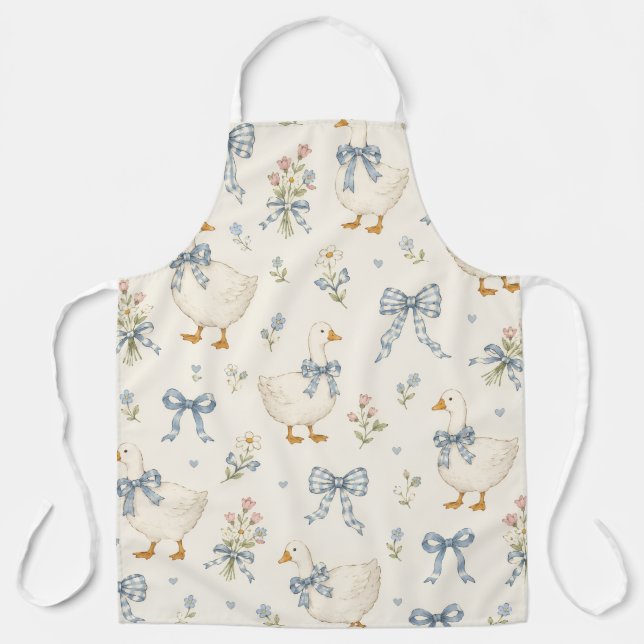 Vintage Goose & Blue Gingham Bow Apron (Front)