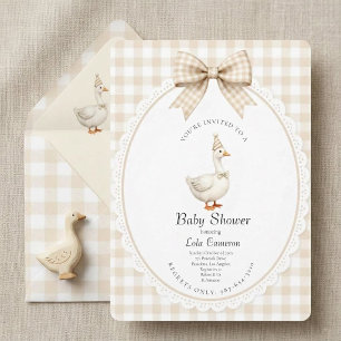 Vintage Goose Gingham Bow Coquette Baby Shower  Invitation