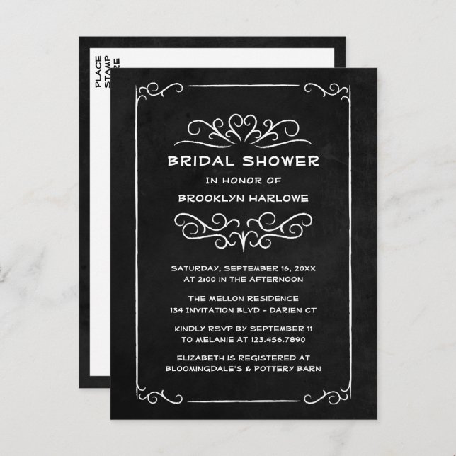 Vintage Goth  Black Chalkboard Bridal Shower Invitation Postcard (Front/Back)