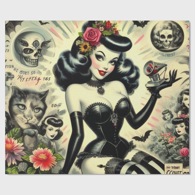 Vintage Goth Girl Illustration Wrapping Paper (Flat)