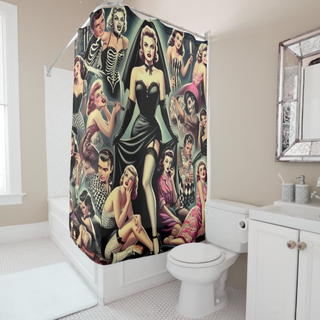 Vintage Goth Pin-Ups Shower Curtain (In Situ)